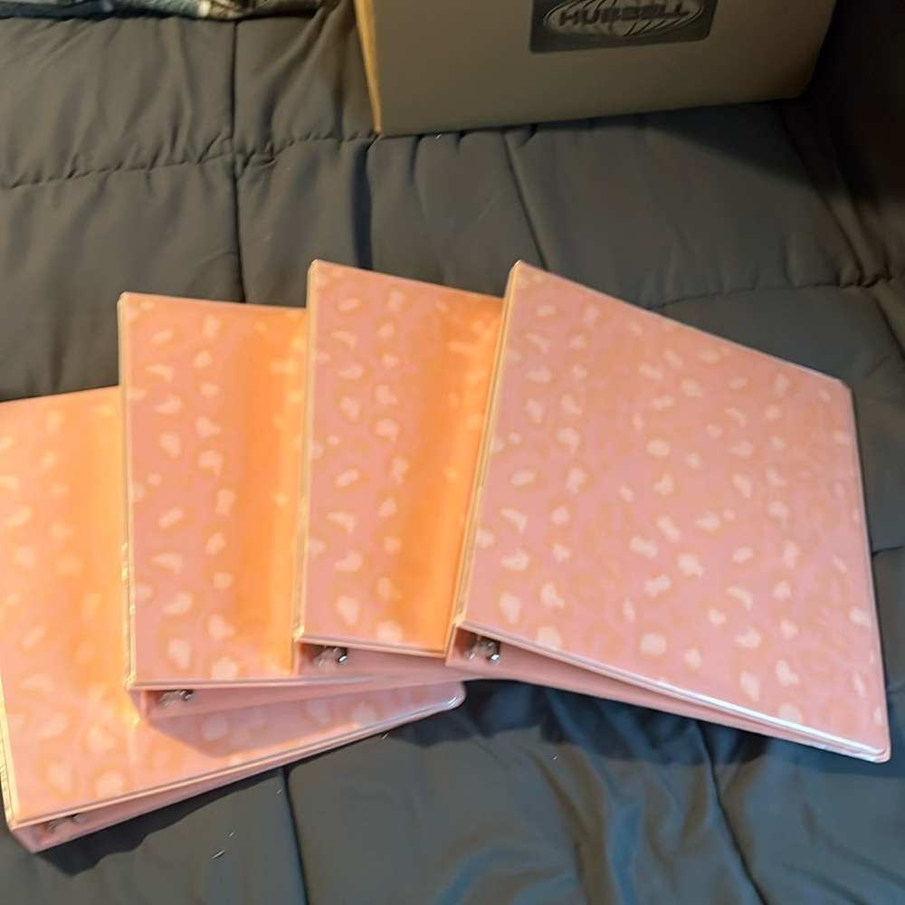 Four pink three ring binders
